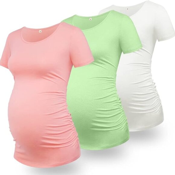 Glamix Maternity Short-Sleeve Ruched Shirts 3 Pack White Sage Pink Size 2XL - Picture 5 of 9